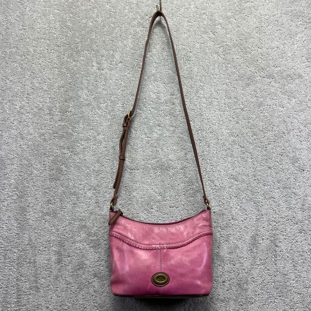 Tignanello Crossbody Bag Pink Genuine Leather Braided Trim Adjustable Strap Y2k